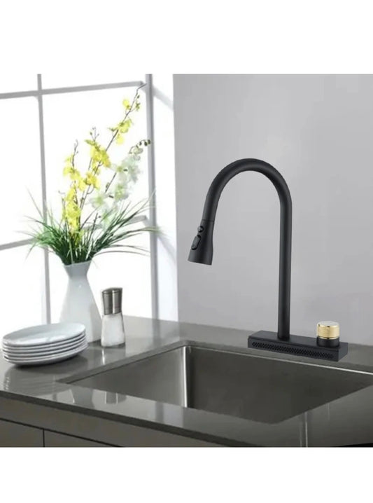 A|M Aquae 304 Stainless Steel Pull-Out Flying Rain Waterfall Single Hole Faucet Outlet (Black)