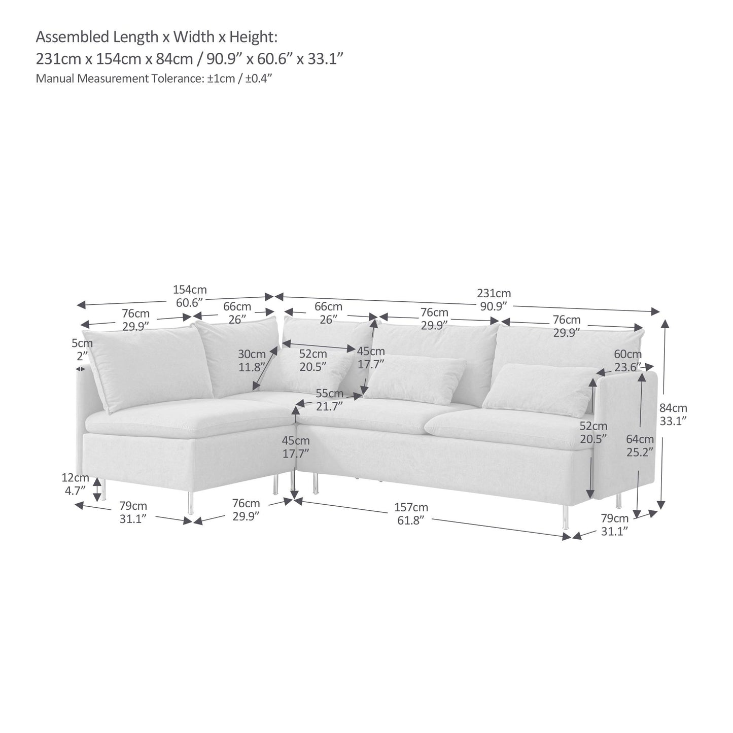 Modular L-shaped Corner sofa ,Left Hand Facing Sectional Couch, Orange Cotton Linen-90.9''