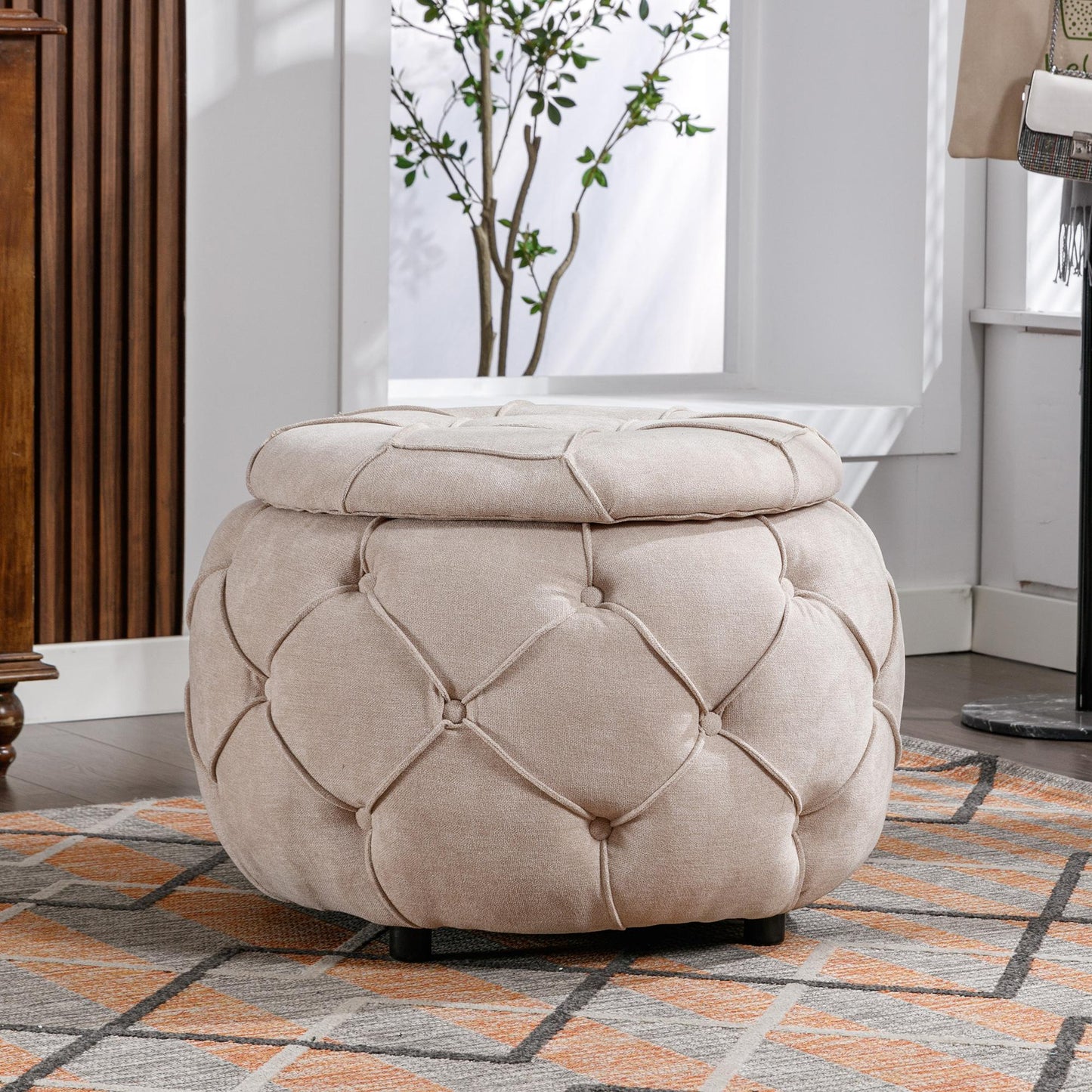 Large Button Tufted Woven Round Storage Footstool。Suitable for living room, bedroom, study