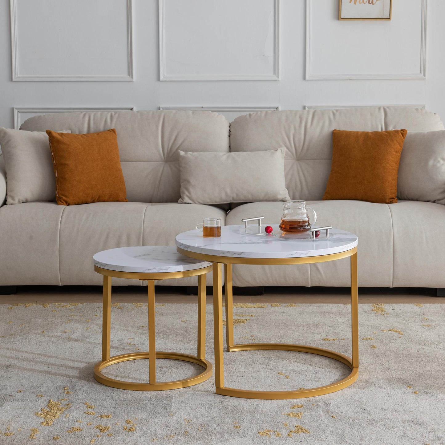 Modern Nesting coffee table,golden metal frame with marble color top-23.6"