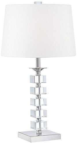 Modern Table Lamp 25" High Clear Stacked Cubes Crystal White Fabric Tapered Drum Shade Décor for Bedroom Living Room House Home Bedside Nightstand Office Entryway Kids Family