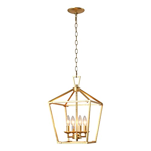 4-Light Gold Chandelier Lantern Pendant Light for Kitchen Island Dining Room Entryway Foyer Antique Hanging Ceiling Light Fixtures with Adjustable Chain, Gold Leaf Finish
