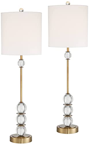 Halston Modern Buffet Table Lamps Set of 2 with Dimmer 32 1/2" Tall Brass Metal Stacked Crystal Off-White Fabric Drum Shade for Living Family Room Dining House Home Office