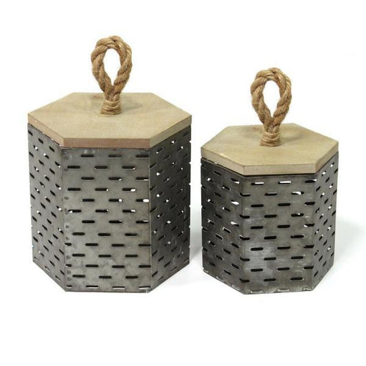 Set Of 2 Rustic Farmhouse Decorative Metal Canisters