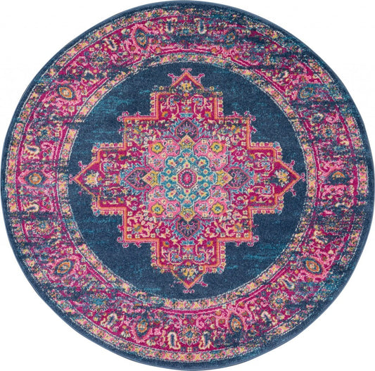 4' Round Blue And Pink Medallion Area Rug