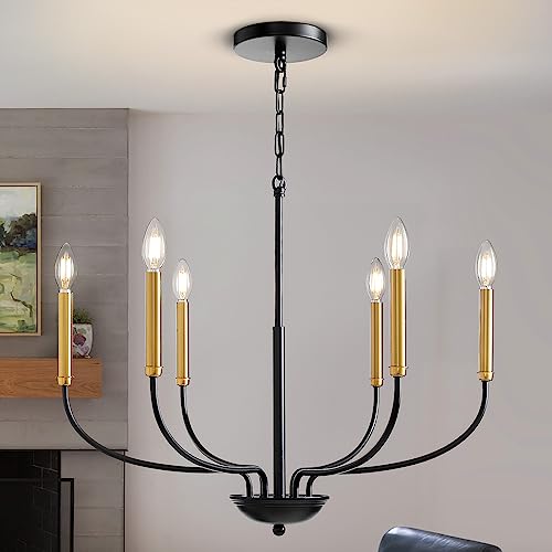 A|M Lighting Black and Gold Chandeliers for Dining Room, 6-Light Farmhouse Chandelier Height Adjustable Pendant Ceiling Light Fixture, Modern Candle Chandelier for Bedroom Foyer Kitchen Living Room Entryway