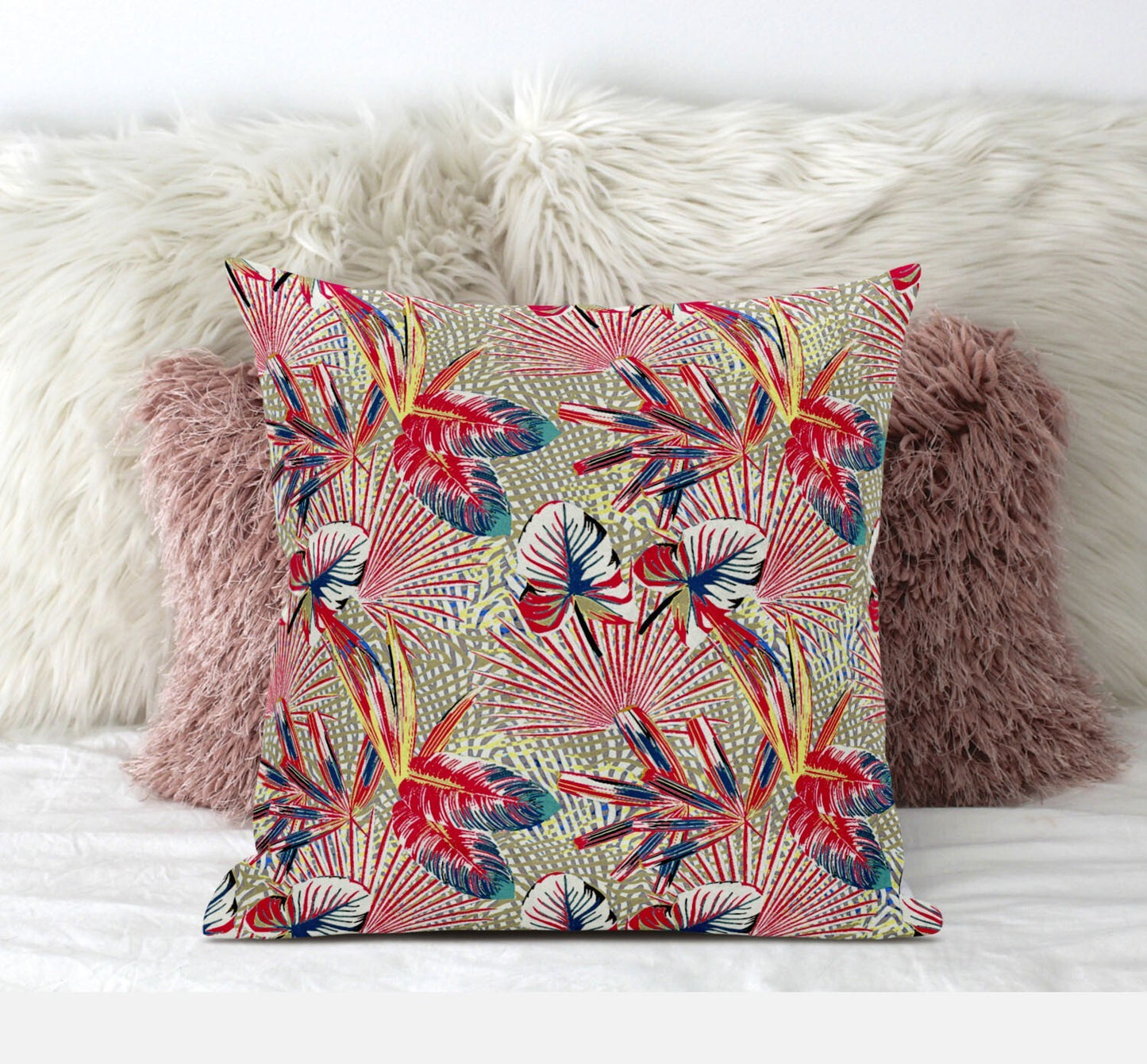20" Red Gold Tropical Zippered Suede Throw Pillow