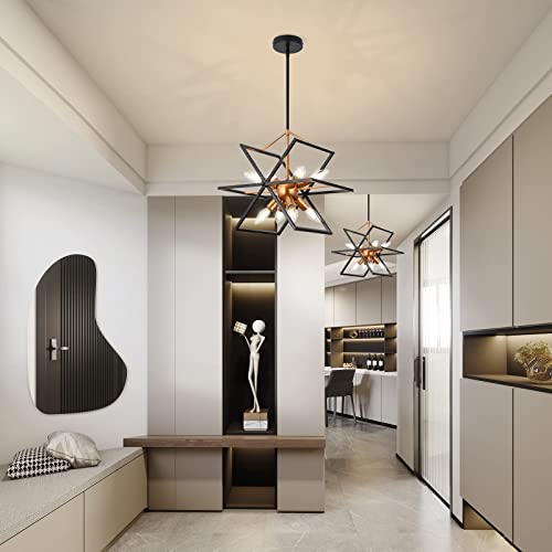 Modern 8 Lights Chandeliers,Mid Century Chandelier Aged Brass Finish with Black Accents,Pendant Lighting for Kitchen Island Dining Room Living Room Bedroom Entryway Hallway Foyer