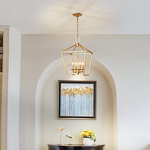 4-Light Gold Chandelier Lantern Pendant Light for Kitchen Island Dining Room Entryway Foyer Antique Hanging Ceiling Light Fixtures with Adjustable Chain, Gold Leaf Finish