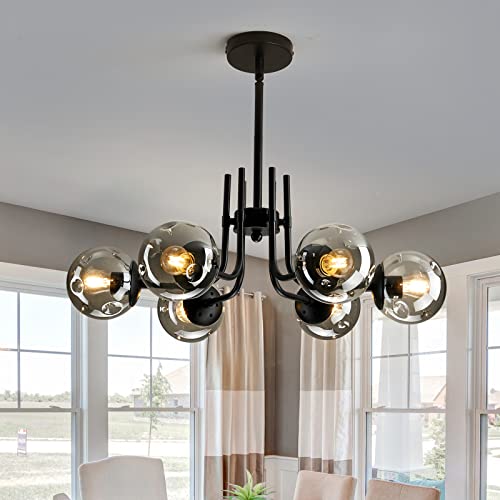 AvaMalis A|M Ligting 6-Lights Glass Globe Sputnik Chandeliers Modern Metal Ceiling Light Fixture Black Semi Flush Mount Chandelier