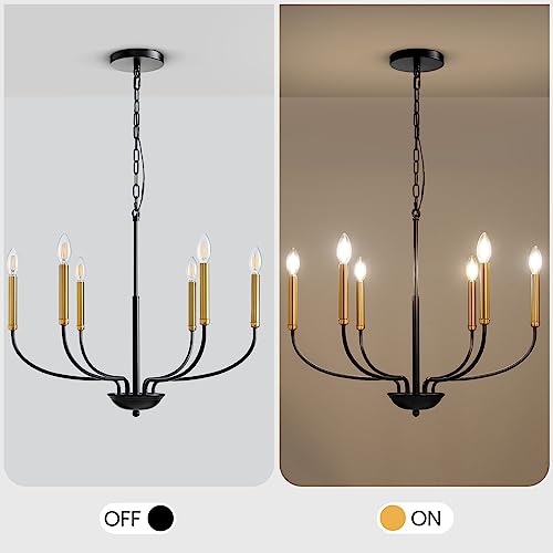 Black and Gold Chandeliers for Dining Room, 6-Light Farmhouse Chandelier Height Adjustable Pendant Ceiling Light Fixture, Modern Candle Chandelier for Bedroom Foyer Kitchen Living Room Entryway