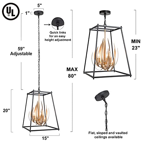 Modern Chandelier Light Fixture, 3-Light Stylish Flame Pendant Light Black and Gold Finish Metal for Dining and Living Room, Bedroom, Kitchen Island, Entryway, W15 x H20