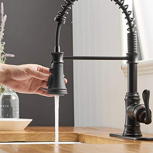 A|M Aquae Kitchen Sink Faucet with Deck Plate Matte Black with Pull Down Sprayer 3 Spray Modes Single Handle Singe Lever High Arc Kitchen Faucet Lead-Free Farmhouse Commercial Bar Kitchen Faucets