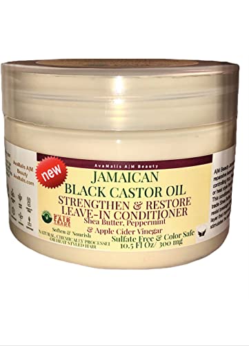 AvaMalis A|M Beauty New Jamaican Black Castor Oil Leave In Conditioner For Damaged Hair 100% Pure Jamaican Black Castor Oil To Soften And Detangle Hair, Strengthen & Restore, Vitamin E, Curly Hair Products Safe for use on Hair Color 10.5oz