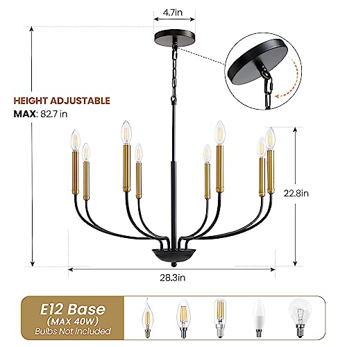 A|M Lighting Black and Gold Chandeliers for Dining Room, 6-Light Farmhouse Chandelier Height Adjustable Pendant Ceiling Light Fixture, Modern Candle Chandelier for Bedroom Foyer Kitchen Living Room Entryway