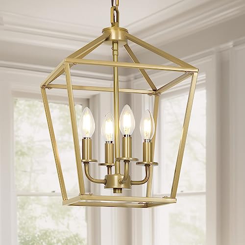 4 Light Rustic Chandelier, Farmhouse Lantern Fixture with Brushed White Oak Cage and Adjustable Chain, E12 Base Geometric Hanging Light Fixture Ceiling lighting for Entryway, Kitchen Island Indoor Use