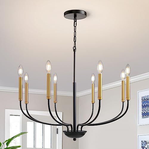 A|M Lighting Black and Gold Chandeliers for Dining Room, 6-Light Farmhouse Chandelier Height Adjustable Pendant Ceiling Light Fixture, Modern Candle Chandelier for Bedroom Foyer Kitchen Living Room Entryway