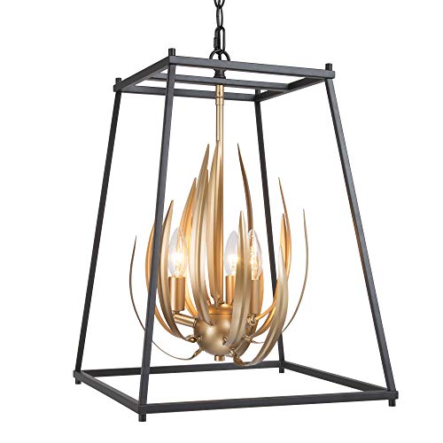 Modern Chandelier Light Fixture, 3-Light Stylish Flame Pendant Light Black and Gold Finish Metal for Dining and Living Room, Bedroom, Kitchen Island, Entryway, W15 x H20