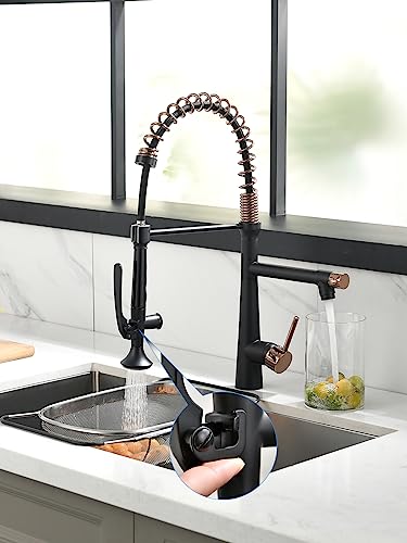 A|M Aquae Kitchen Faucet Black,Black and Gold Kitchen Faucet Commercial Style Single Handle Kitchen Faucets with Pull Down Sprayer