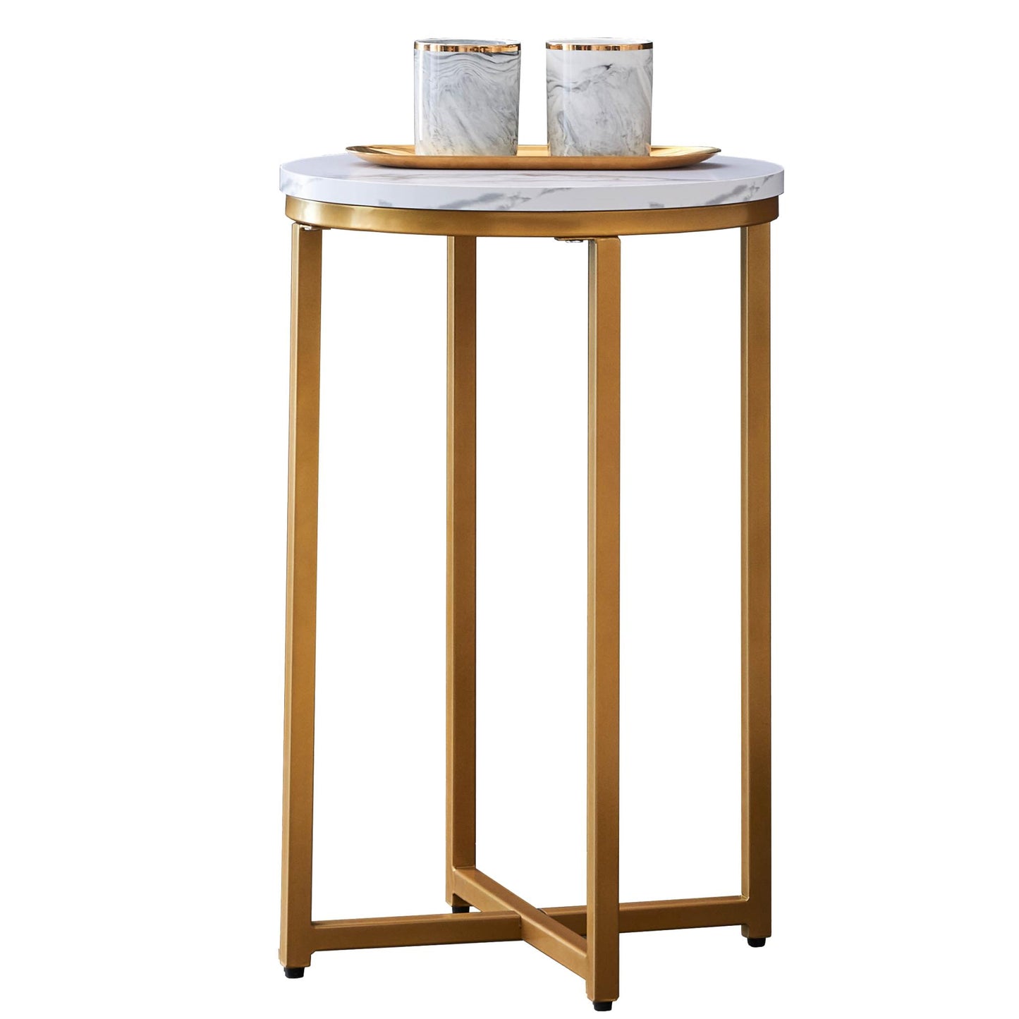 Modern X-shaped end/side table,Golden metal frame with round marble color top