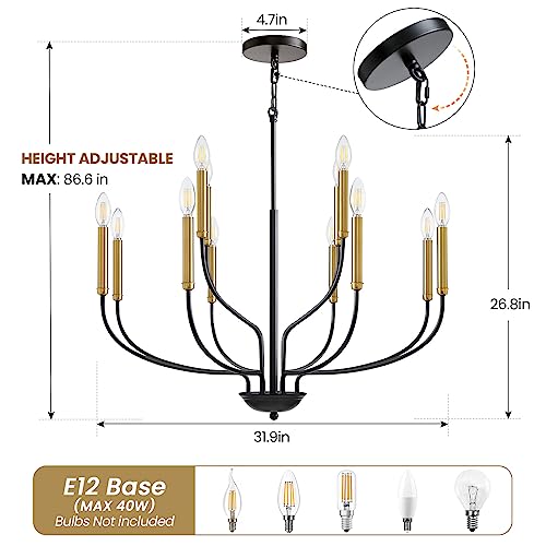 A|M Lighting Black and Gold Chandeliers for Dining Room, 6-Light Farmhouse Chandelier Height Adjustable Pendant Ceiling Light Fixture, Modern Candle Chandelier for Bedroom Foyer Kitchen Living Room Entryway