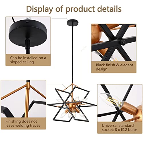 Modern 8 Lights Chandeliers,Mid Century Chandelier Aged Brass Finish with Black Accents,Pendant Lighting for Kitchen Island Dining Room Living Room Bedroom Entryway Hallway Foyer