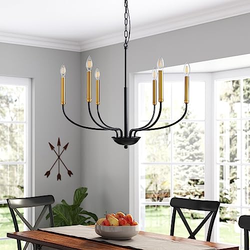 Black and Gold Chandeliers for Dining Room, 6-Light Farmhouse Chandelier Height Adjustable Pendant Ceiling Light Fixture, Modern Candle Chandelier for Bedroom Foyer Kitchen Living Room Entryway