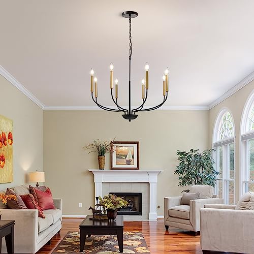 A|M Lighting Black and Gold Chandeliers for Dining Room, 6-Light Farmhouse Chandelier Height Adjustable Pendant Ceiling Light Fixture, Modern Candle Chandelier for Bedroom Foyer Kitchen Living Room Entryway