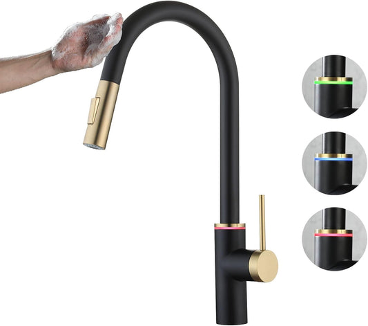 A|M Aquae Touch Kitchen Faucet with LED Light  Black Gold, Faucet for Kitchen Sink