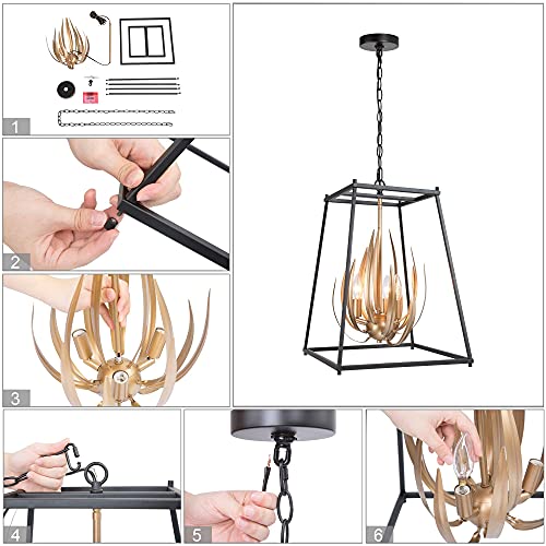 Modern Chandelier Light Fixture, 3-Light Stylish Flame Pendant Light Black and Gold Finish Metal for Dining and Living Room, Bedroom, Kitchen Island, Entryway, W15 x H20