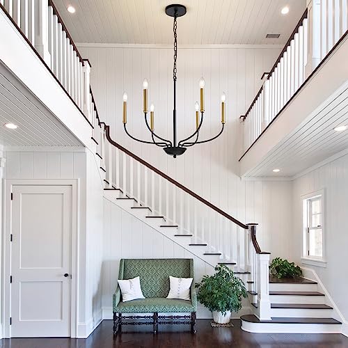 A|M Lighting Black and Gold Chandeliers for Dining Room, 6-Light Farmhouse Chandelier Height Adjustable Pendant Ceiling Light Fixture, Modern Candle Chandelier for Bedroom Foyer Kitchen Living Room Entryway