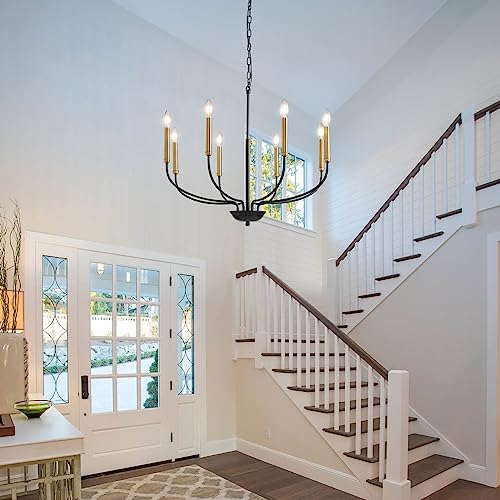 A|M Lighting Black and Gold Chandeliers for Dining Room, 6-Light Farmhouse Chandelier Height Adjustable Pendant Ceiling Light Fixture, Modern Candle Chandelier for Bedroom Foyer Kitchen Living Room Entryway