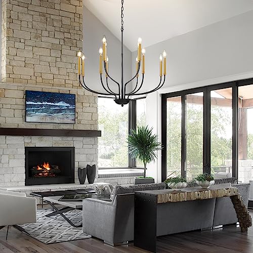 A|M Lighting Black and Gold Chandeliers for Dining Room, 6-Light Farmhouse Chandelier Height Adjustable Pendant Ceiling Light Fixture, Modern Candle Chandelier for Bedroom Foyer Kitchen Living Room Entryway