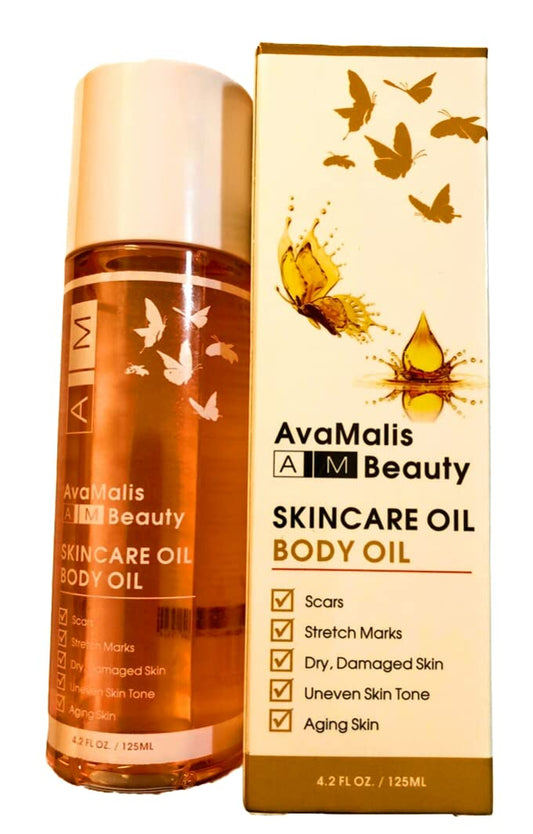 A|M Beauty Skincare Body Oil Vitamin E, for Scars and Stretchmarks, Face Serum and Body Moisturizer for Dry Skin, Non-Greasy, Dermatologist Recommended, Non-Comedogenic, with Vitamin A, 4.2 oz