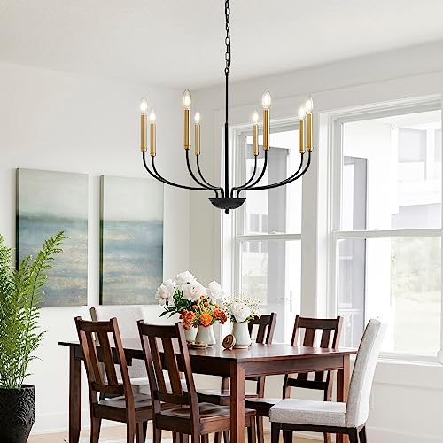 A|M Lighting Black and Gold Chandeliers for Dining Room, 6-Light Farmhouse Chandelier Height Adjustable Pendant Ceiling Light Fixture, Modern Candle Chandelier for Bedroom Foyer Kitchen Living Room Entryway