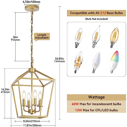 4 Light Rustic Chandelier, Farmhouse Lantern Fixture with Brushed White Oak Cage and Adjustable Chain, E12 Base Geometric Hanging Light Fixture Ceiling lighting for Entryway, Kitchen Island Indoor Use