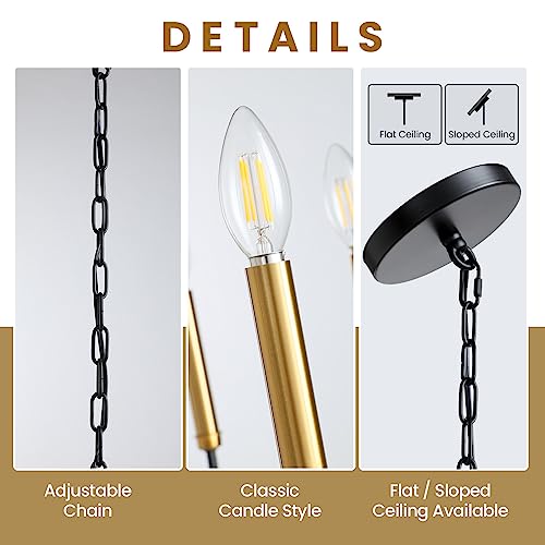 A|M Lighting Black and Gold Chandeliers for Dining Room, 6-Light Farmhouse Chandelier Height Adjustable Pendant Ceiling Light Fixture, Modern Candle Chandelier for Bedroom Foyer Kitchen Living Room Entryway