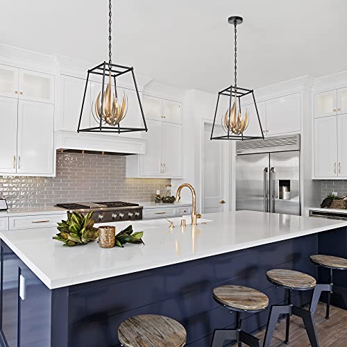 Modern Chandelier Light Fixture, 3-Light Stylish Flame Pendant Light Black and Gold Finish Metal for Dining and Living Room, Bedroom, Kitchen Island, Entryway, W15 x H20