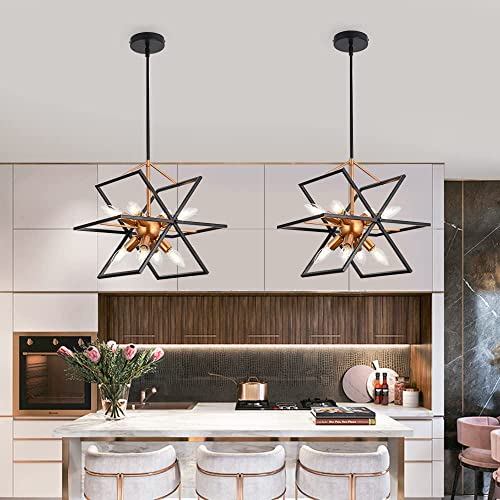 Modern 8 Lights Chandeliers,Mid Century Chandelier Aged Brass Finish with Black Accents,Pendant Lighting for Kitchen Island Dining Room Living Room Bedroom Entryway Hallway Foyer