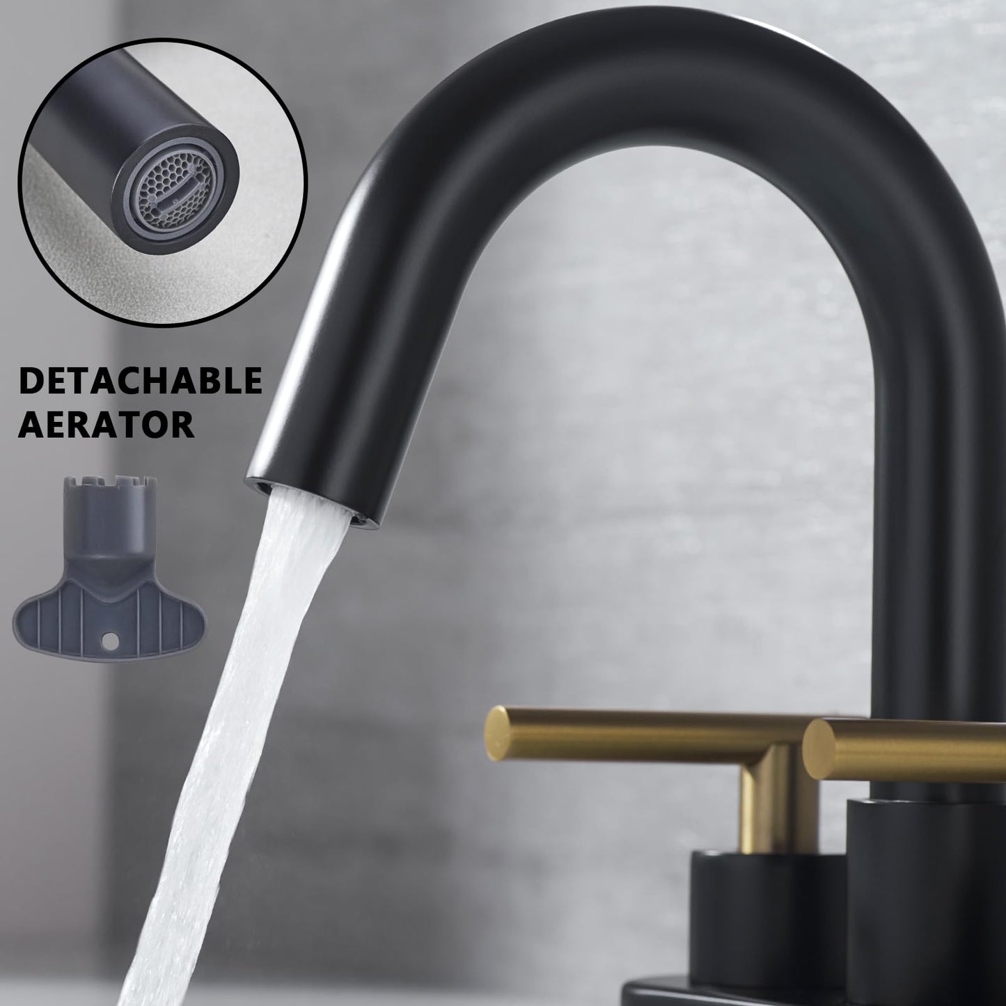 A|M Aquae Bathroom Faucet, 3-Hole Black and Gold Vanity Faucet with Metal Sink Drain, 2-Handle 4-Inch Centerset