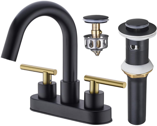 A|M Aquae Bathroom Faucet, 3-Hole Black and Gold Vanity Faucet with Metal Sink Drain, 2-Handle 4-Inch Centerset