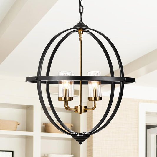 AvaMalis A|M Lighting Rustic Chandelier, 20" Black and Gold Finish Glass Cover Luxurious Hanging Light, 4 Lights Globe Vintage Pendant Ceiling Light Fixtures