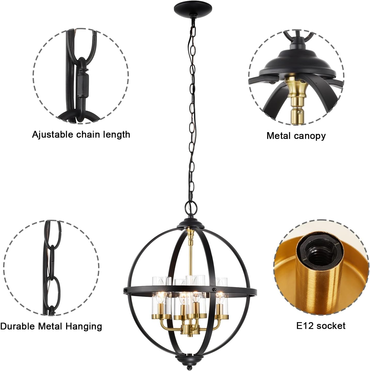 AvaMalis A|M Lighting Rustic Chandelier, 20" Black and Gold Finish Glass Cover Luxurious Hanging Light, 4 Lights Globe Vintage Pendant Ceiling Light Fixtures