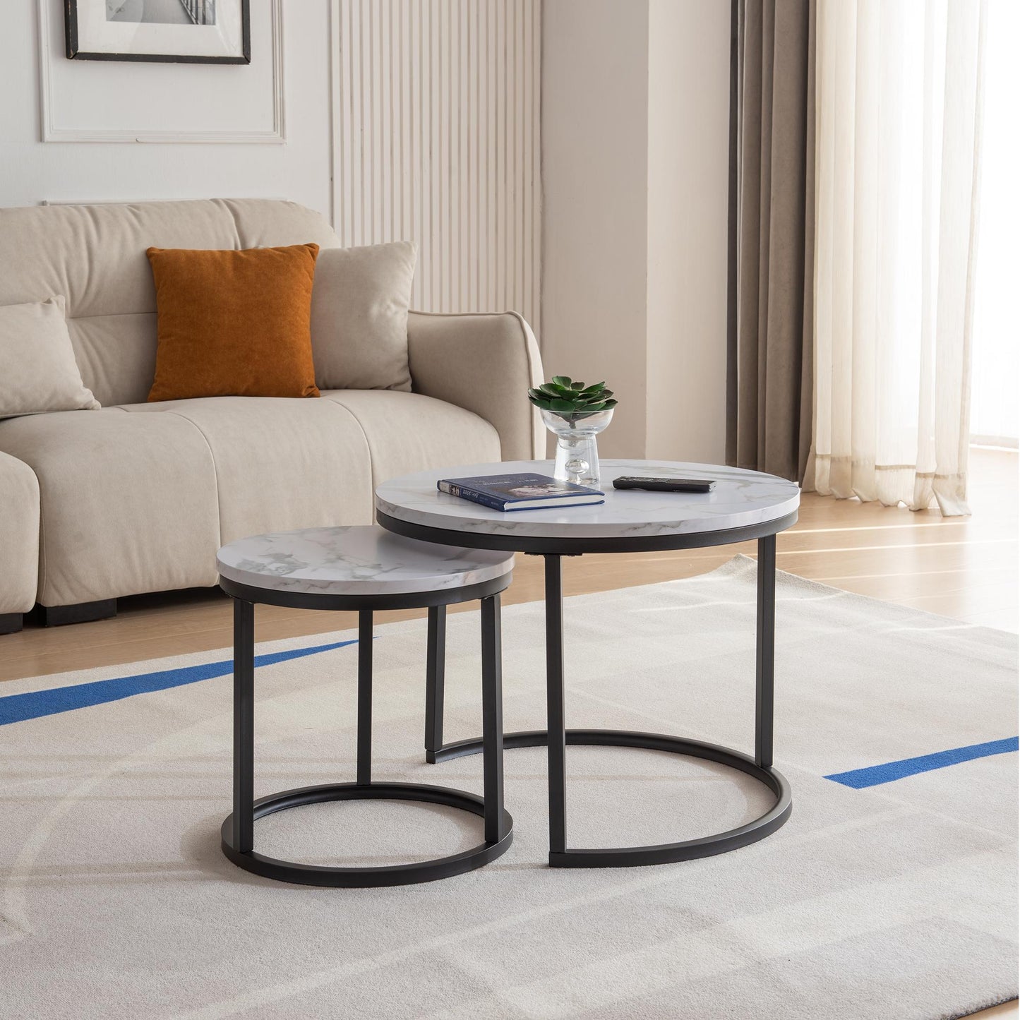 Modern Nesting coffee table,Black metal frame with marble color top-23.6”