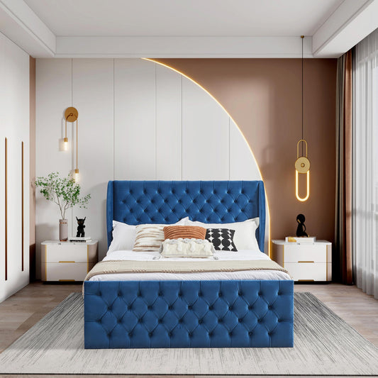 Upholstered wingback velvet fabric Chesterfield bed/button tufted headboard with vintage wings/wood slat support/easy to assemble。Queen-Size