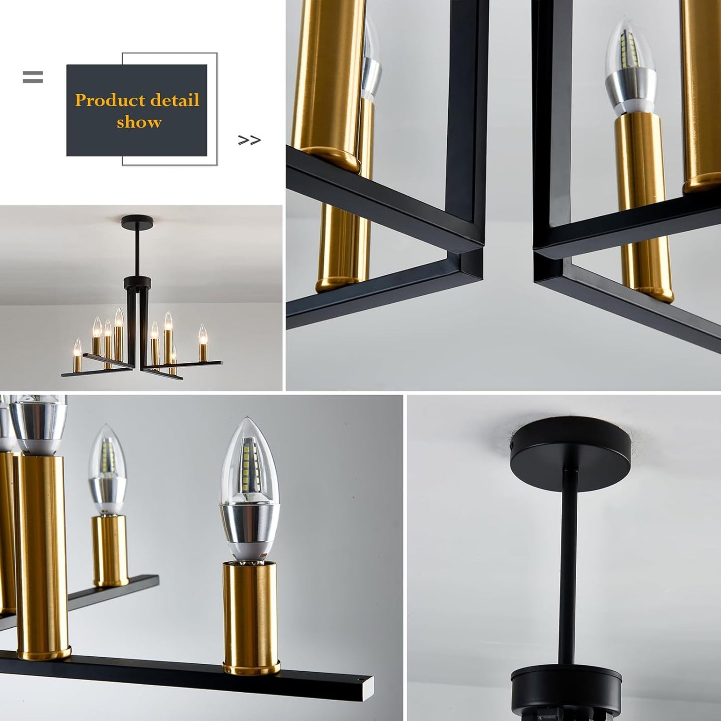 AvaMalis A|M Lighting 8 Light Modern Chandelier Black and Gold Metal Semi Flush Mount Ceiling Light Fixture Industrial