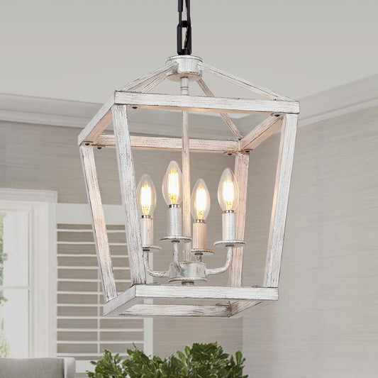 4 Light Rustic Chandelier, Farmhouse Lantern Fixture with Brushed White Oak Cage and Adjustable Chain, E12 Base Geometric Hanging Light Fixture Ceiling lighting for Entryway, Kitchen Island Indoor Use