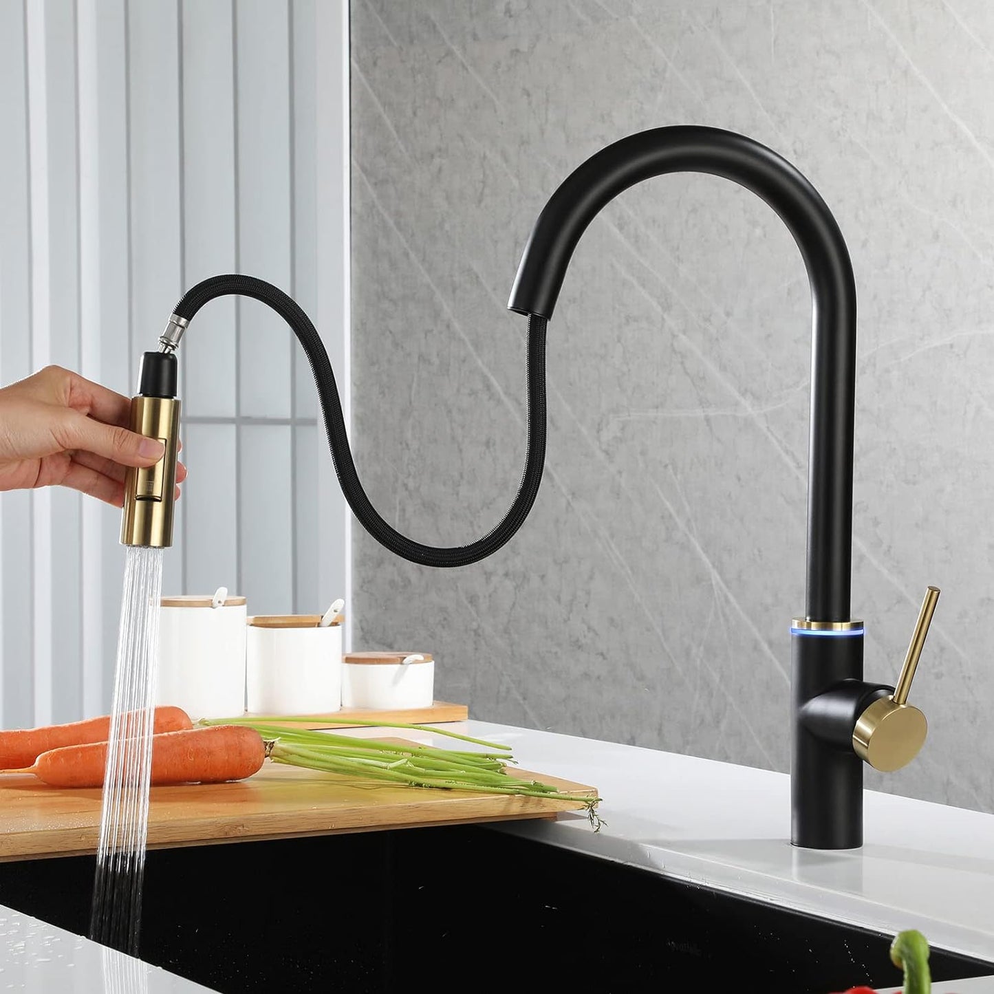 A|M Aquae Touch Kitchen Faucet with LED Light  Black Gold, Faucet for Kitchen Sink