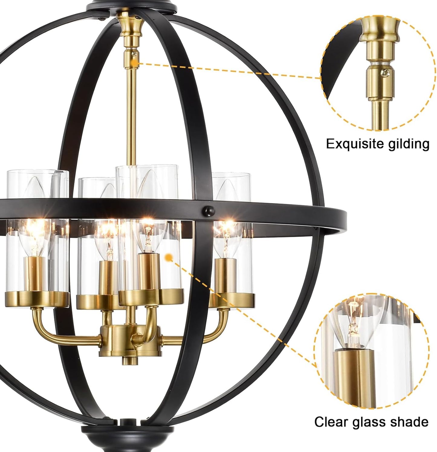 AvaMalis A|M Lighting Rustic Chandelier, 20" Black and Gold Finish Glass Cover Luxurious Hanging Light, 4 Lights Globe Vintage Pendant Ceiling Light Fixtures