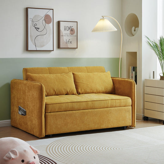 Chenille fabric pull-out sofa bed,sleeper loveseat couch with adjustable armrests-Yellow
